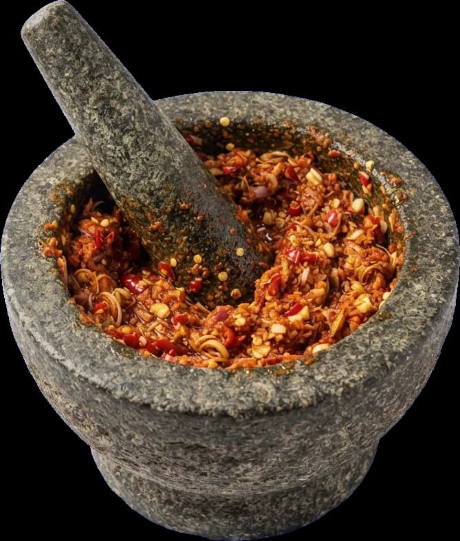 Stone mortar filled with freshly pounded Thai curry paste
