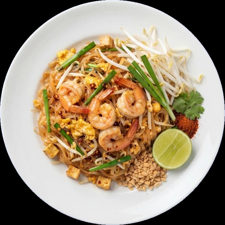 A plate of freshly cooked Pad Thai with prawns, peanuts and lime