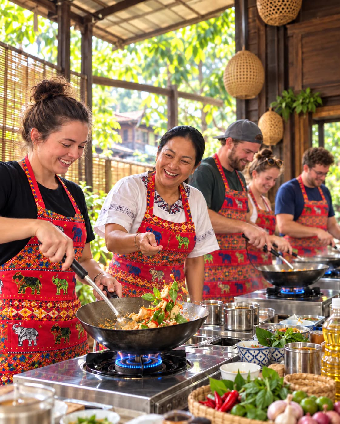 Noodles being tossed in a hot wok over an open flame