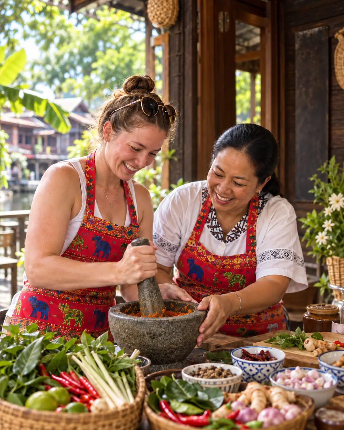 Guests pounding Thai curry paste together at a wooden table