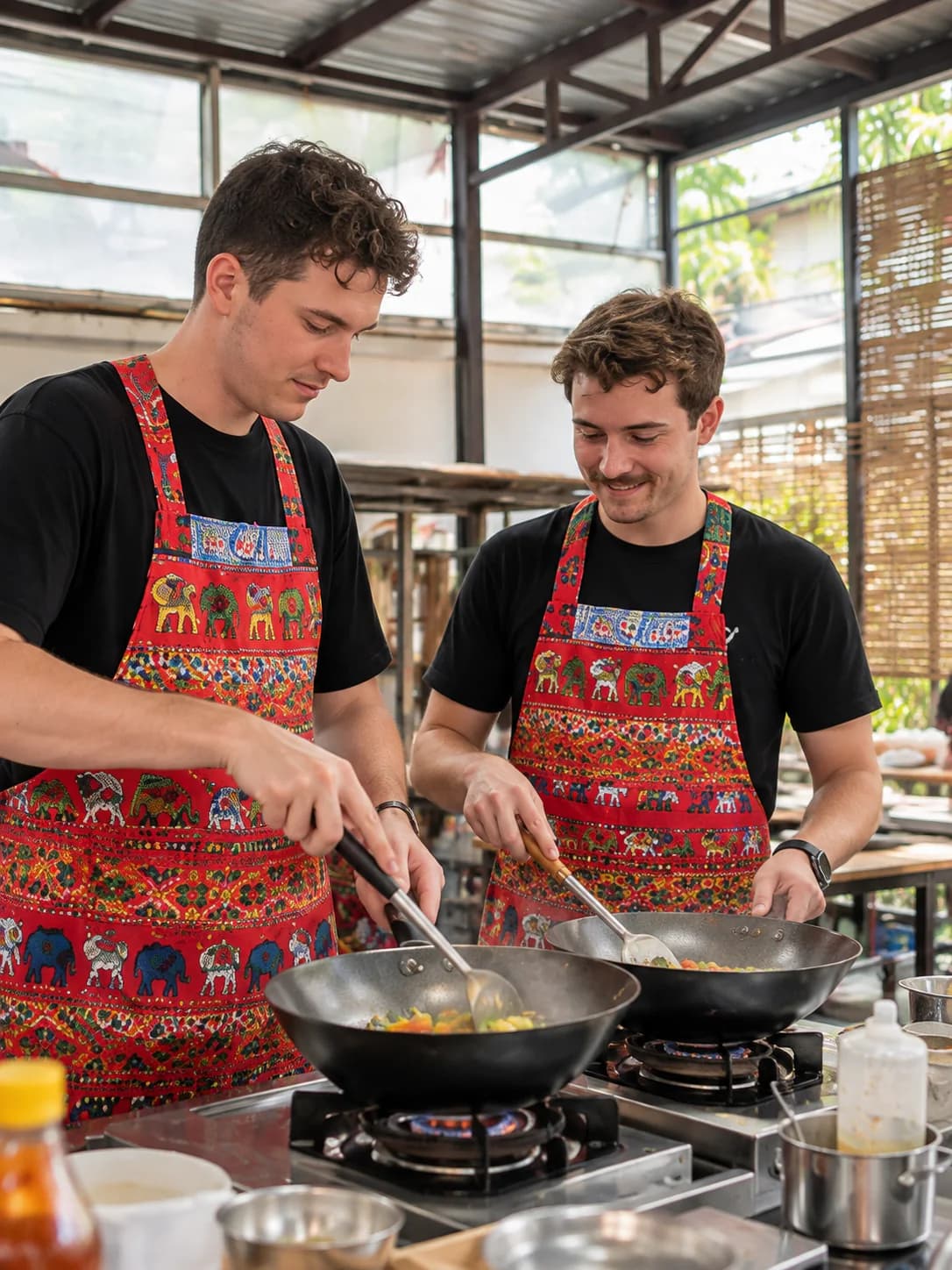 An instructor guiding a guest through fresh Thai ingredients