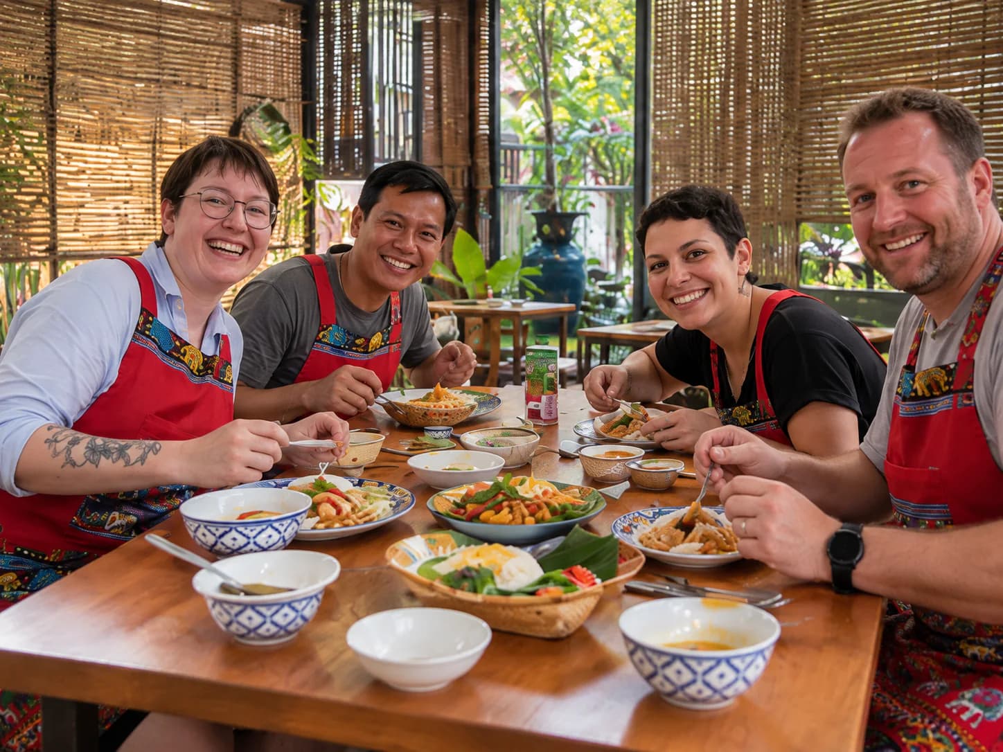 A small cooking class sharing Thai dishes around a teak table