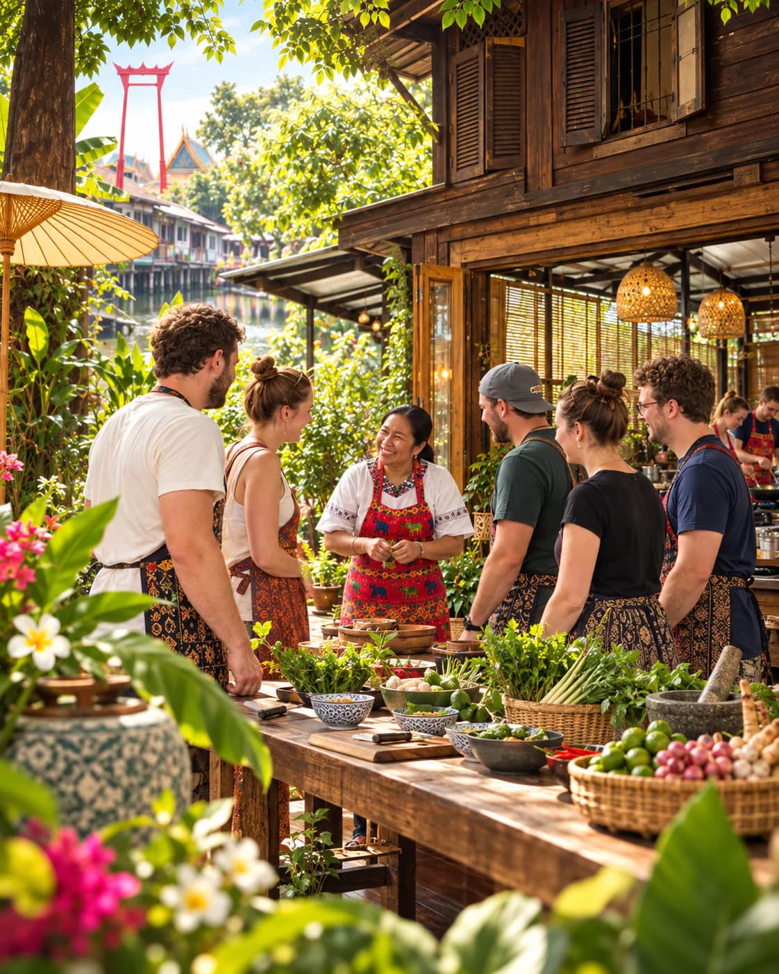 Guests in aprons pounding curry paste together at the wooden table