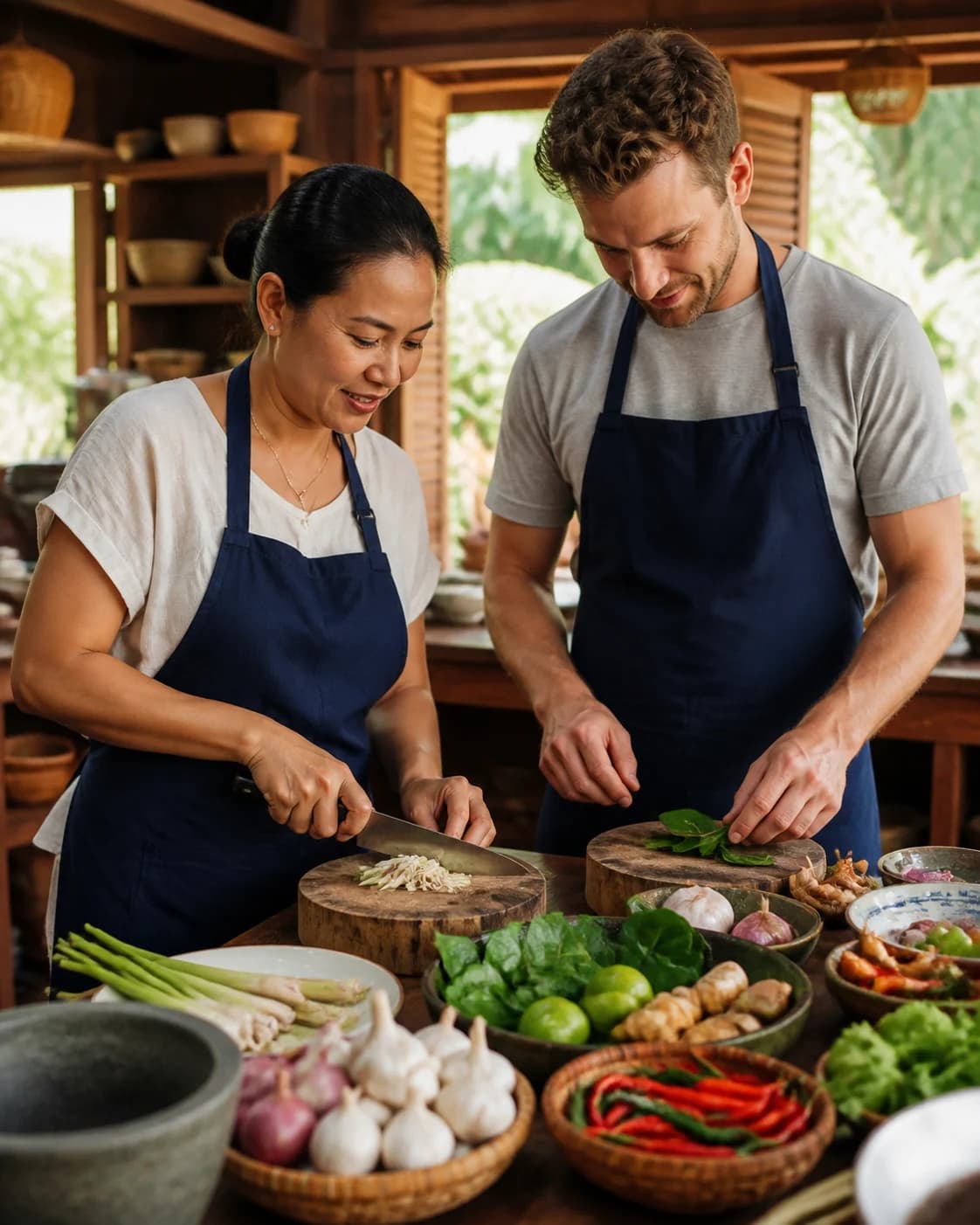 A Thai instructor and guest preparing fresh herbs together