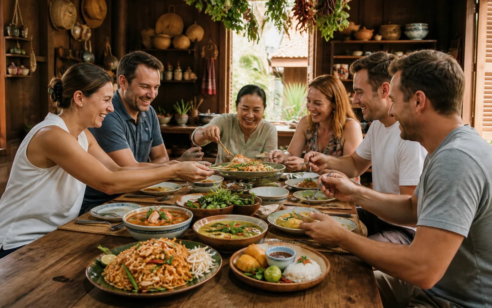A small cooking class sharing the Thai dishes they prepared