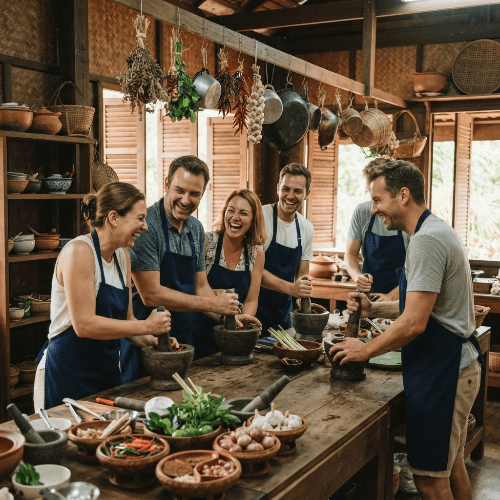 Guests in aprons pounding curry paste together at the wooden table
