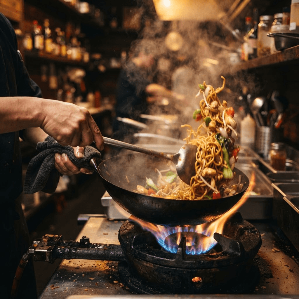 Noodles being tossed in a hot wok over an open flame
