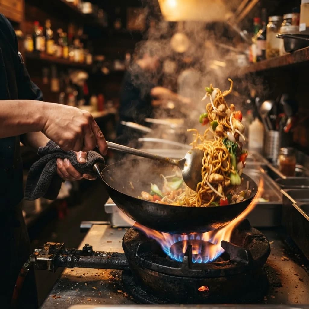 A wok of noodles being tossed over an open flame