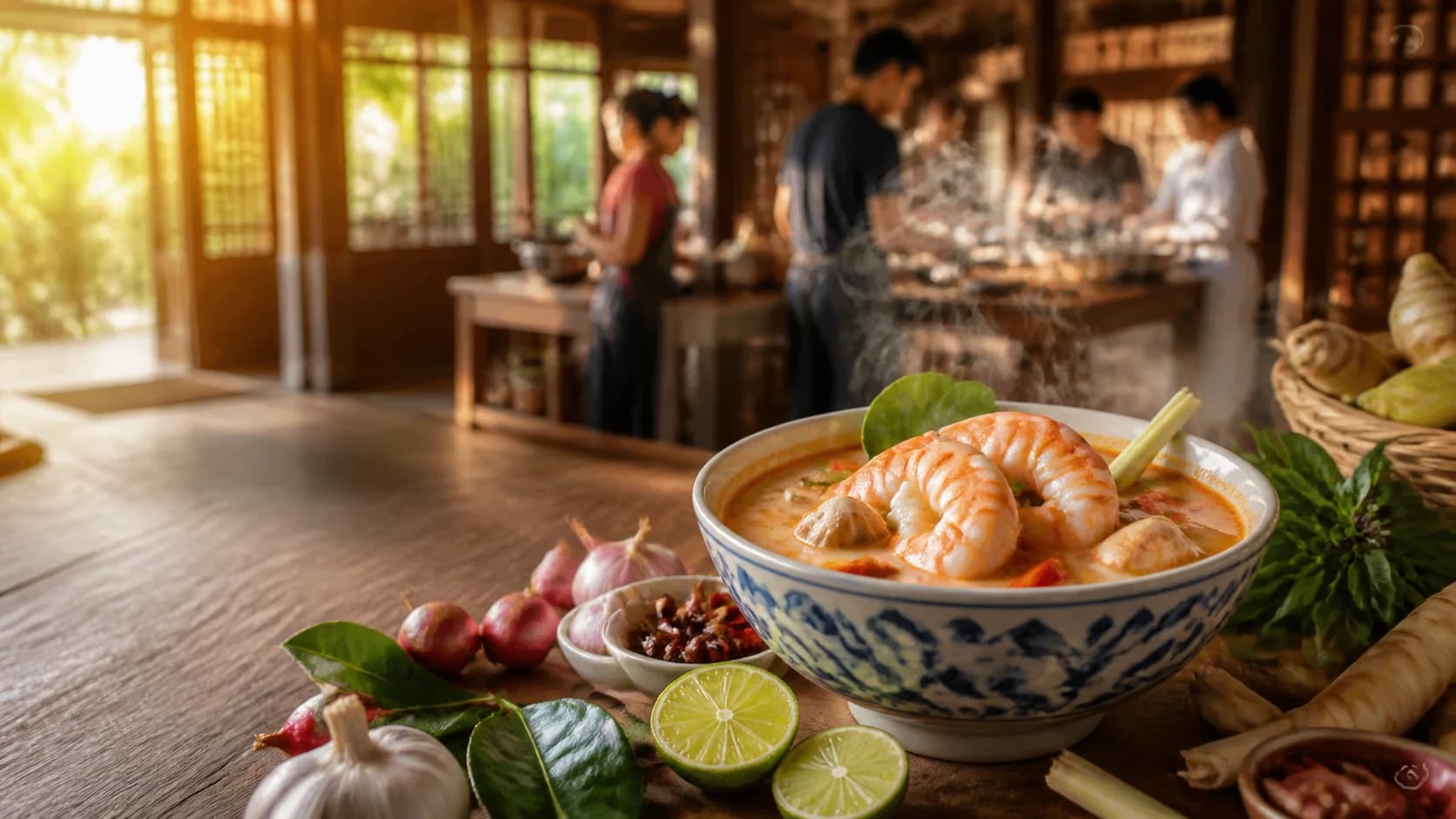 Steaming tom yum goong in a warm teakwood cooking classroom