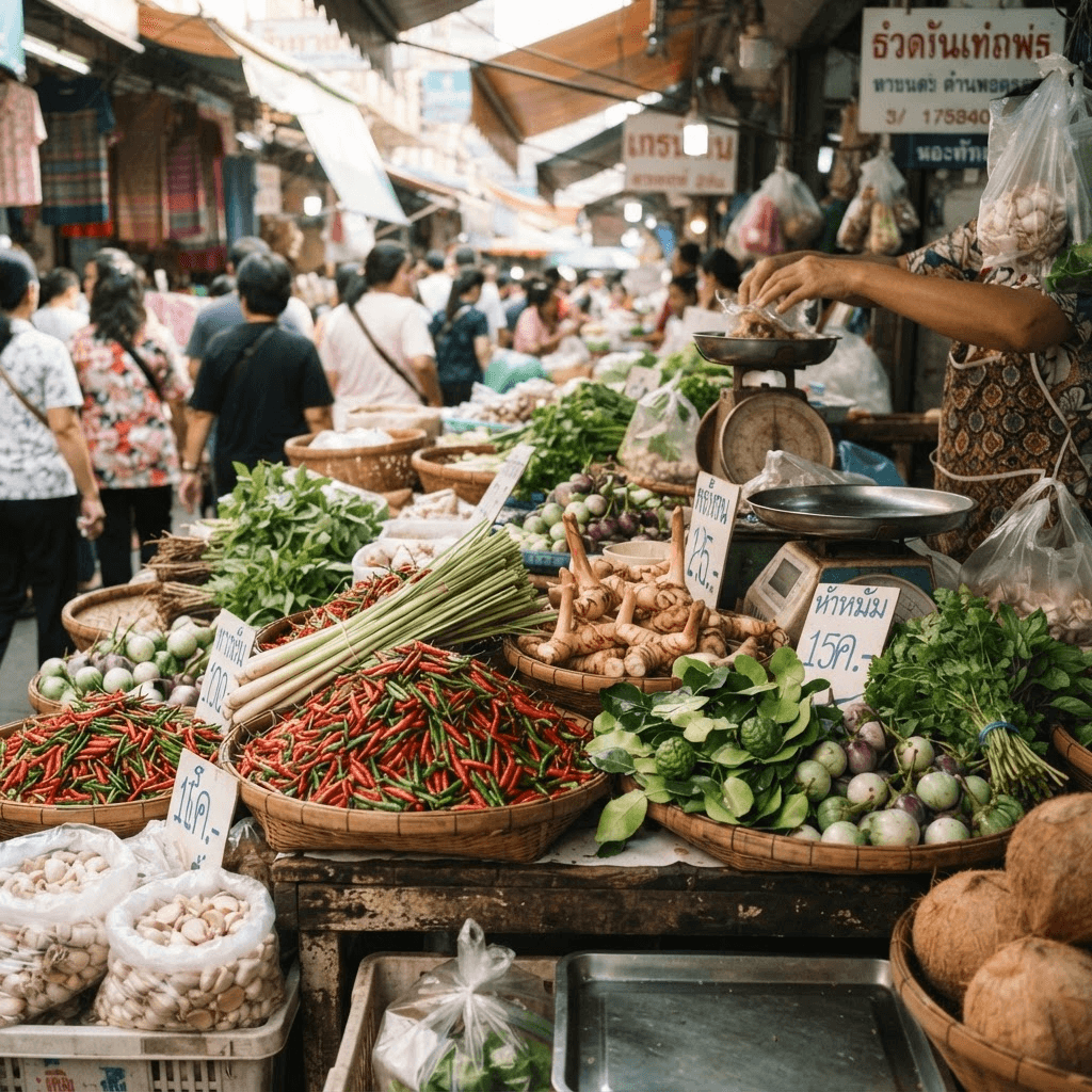 Fresh chilies, lemongrass, galangal and herbs at a Thai market stall