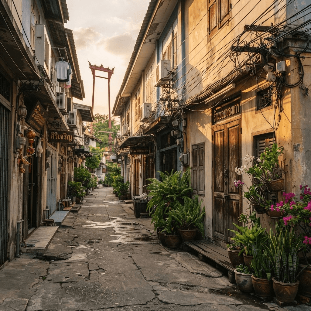 A quiet alley of old shophouses in Bangkok Old Town