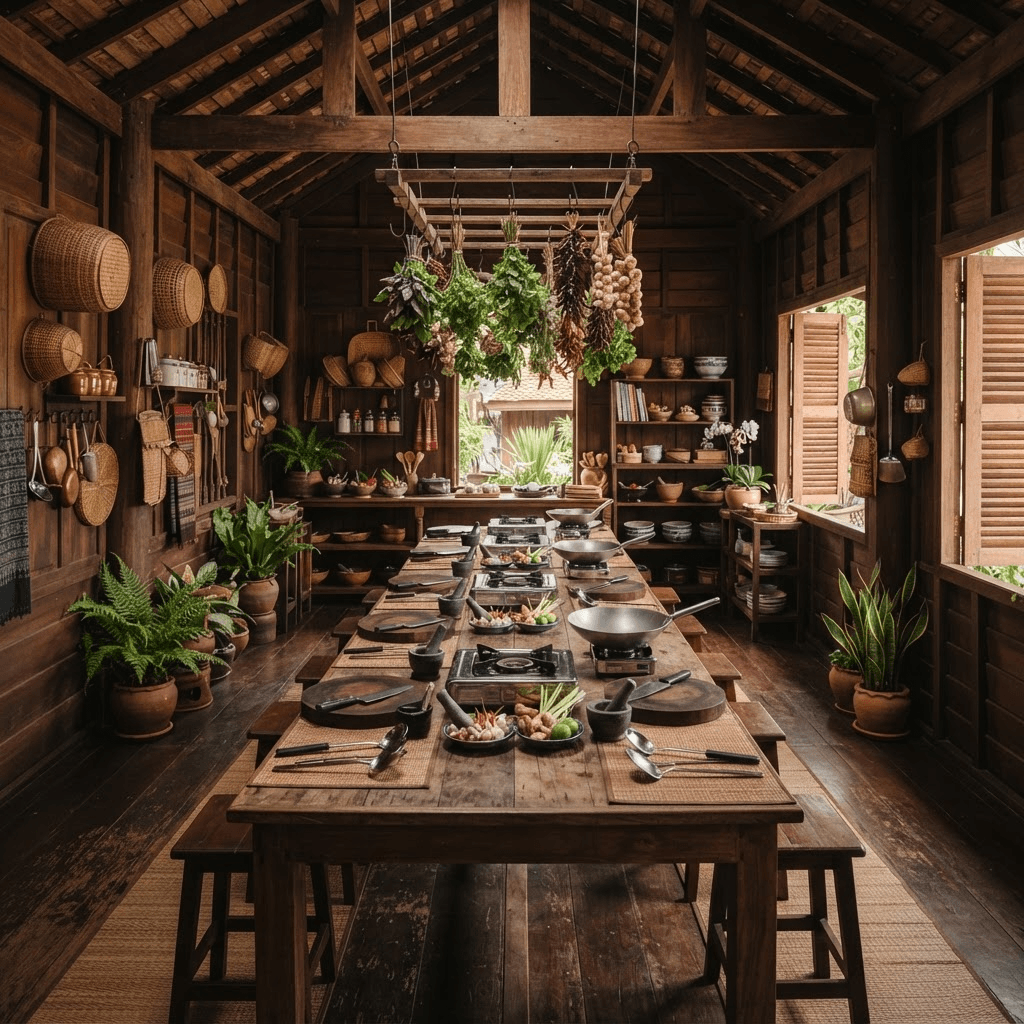 Inside the teakwood home: long wooden prep table with cooking stations and fresh ingredients